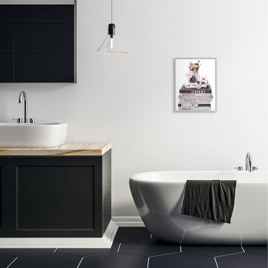 Stupell Industries Fashion Accessories Glam Magazine Book Stack Wall Art in Gray Frame
